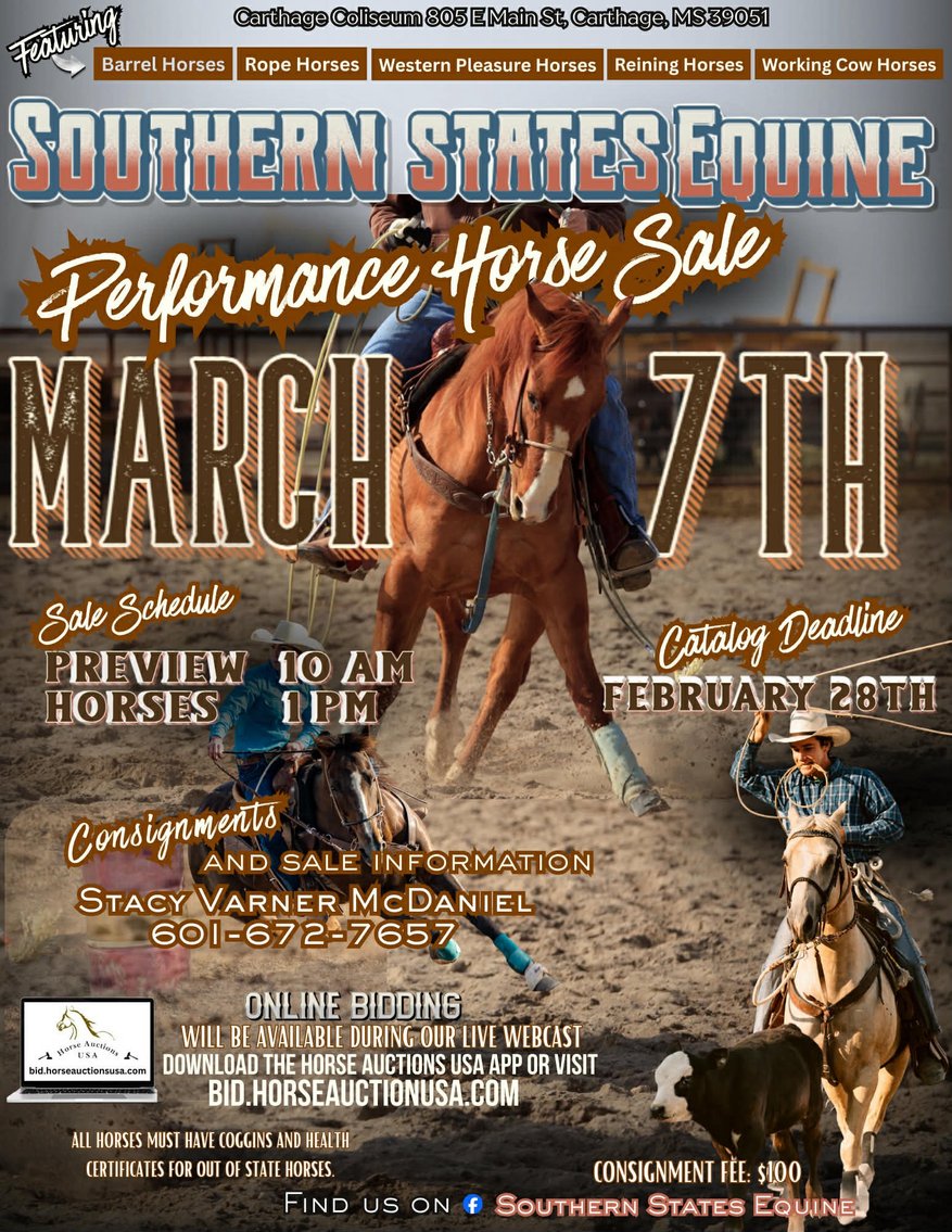 Image for Southern States Equine Performance Horse Sale - SATURDAY, MARCH 7TH - Carthage, MS