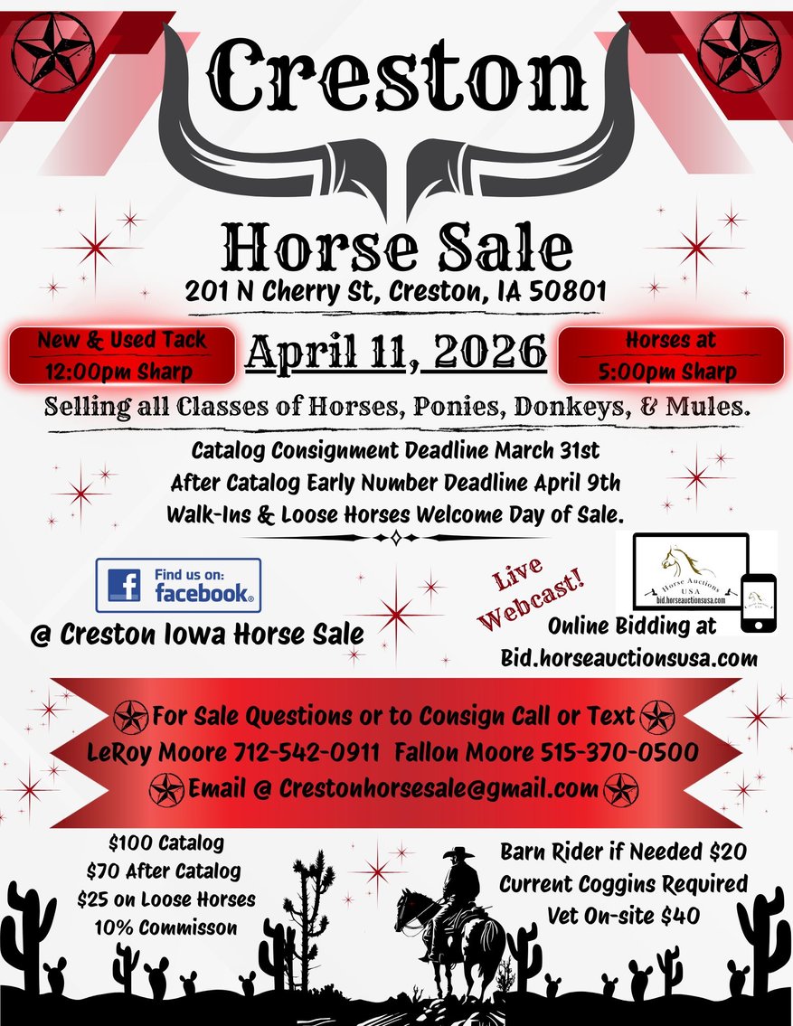 Image for Creston Horse Sale  - SATURDAY, APRIL 11TH - Creston, Iowa
