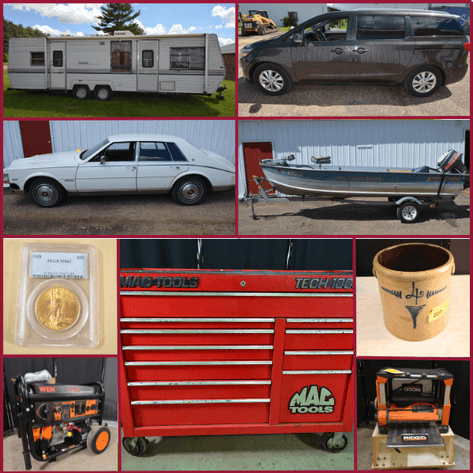 CAMPERS, PJ TRAILER, BOATS, VEHICLES, CROCKS, TOOLS AND MORE - Mondovi, WI