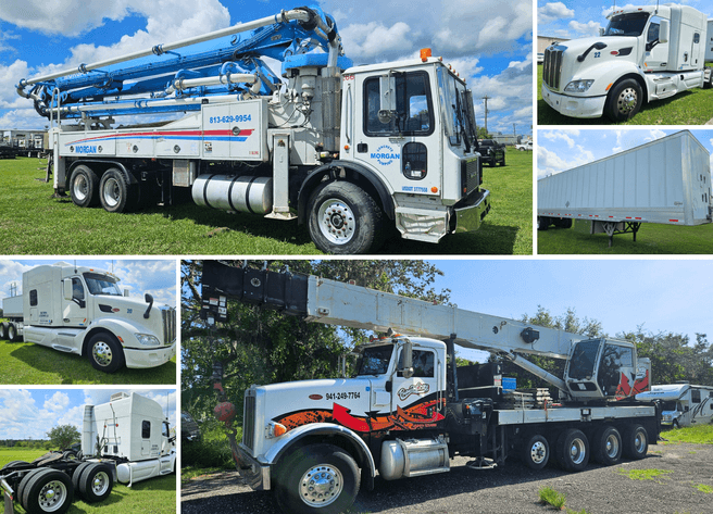 Image for Bartow, FL: 2014 Peterbilt 367 w/ National Crane (NBT45-127), 2007 Mack Concrete Pumper Truck, Sleeper Trucks, & Trailer