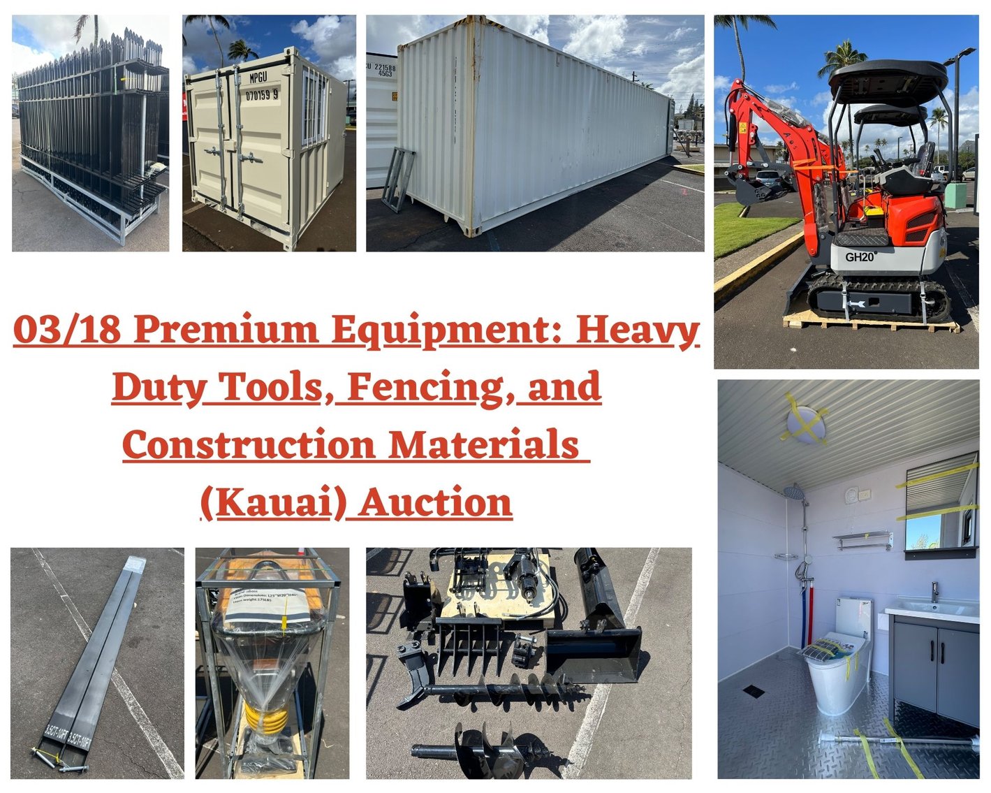 Image for 03/18 Premium Equipment: Heavy Duty Tools, Fencing, and Construction Materials (Kauai) Auction