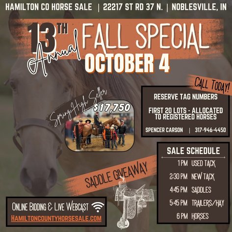 Image for 13TH Annual Fall Special- Hamilton County Horse & Tack Sale- October 4th-Noblesville, IN