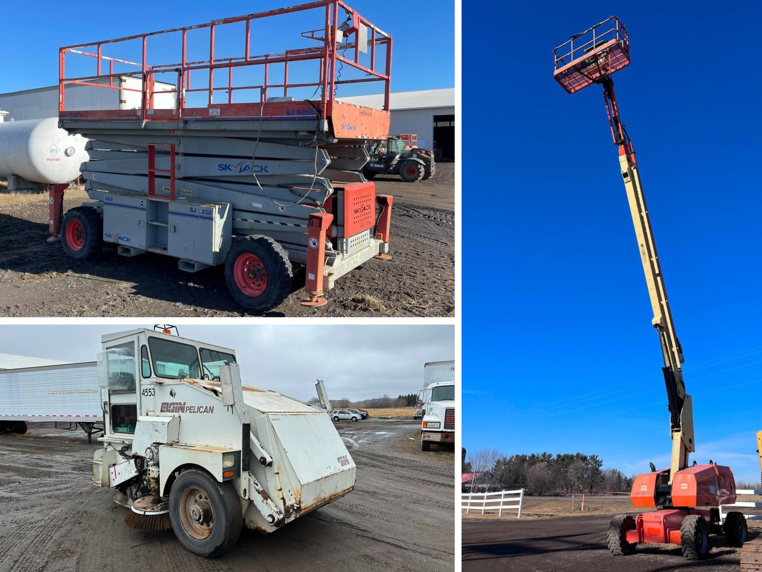 Elgin Pelican Street Sweeper, JLG Man Lift, Skyjack Scissor Lift, & Construction Supplies