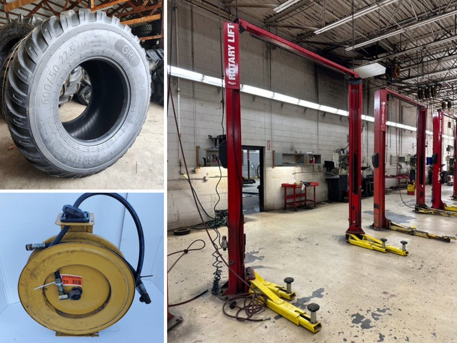Automotive Surplus: Hoists, New Tires, Hose Reels, Tools, Office Furniture (135563)