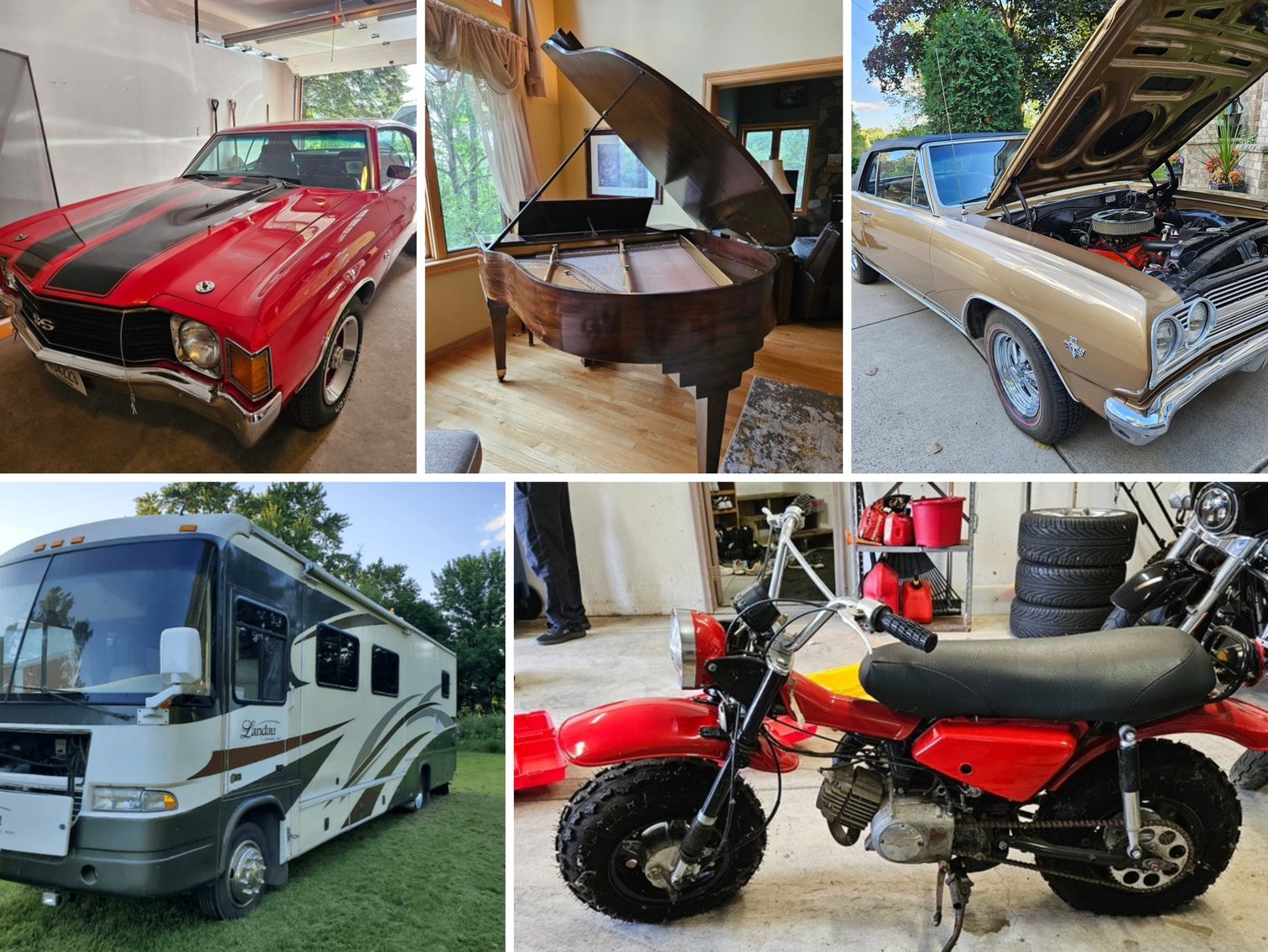 Multi-Item Estate Auction: (2) Chevy Chevelles, Boats, 32' Motorhome, Grand Piano, Tools & More!
