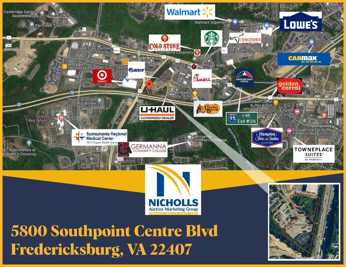 Image for COMMERCIAL REAL ESTATE:  7.5 +/- Acres w/28,000 +/- sf. Building, 224 Parking Spaces & 900' +/- of I-95 Frontage in Fredericksburg, VA!!  ONLINE ONLY BIDDING!!