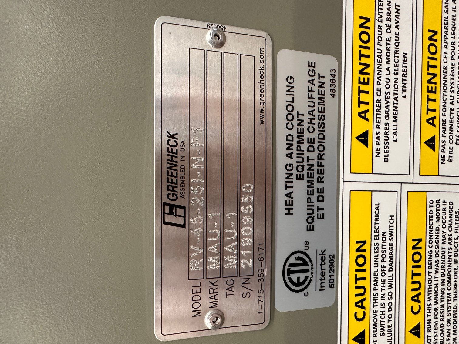 Image for Green Heck Model RV-45-251-N-F1 Duct Air Conditioning Unit - New, Never Installed