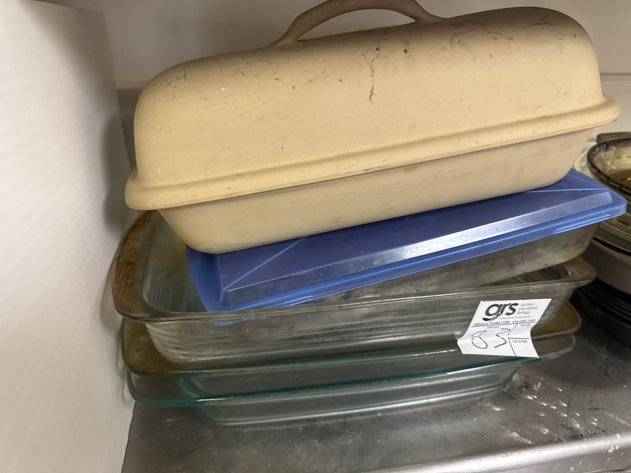Image for (3) Glass Casserole Dishes, (1) Tin & (1) Stone Baking Dish w/ Lid