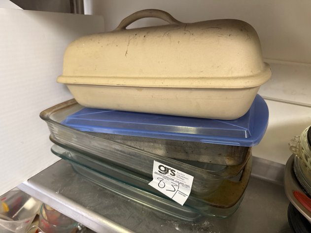 Image for (3) Glass Casserole Dishes, (1) Tin & (1) Stone Baking Dish w/ Lid