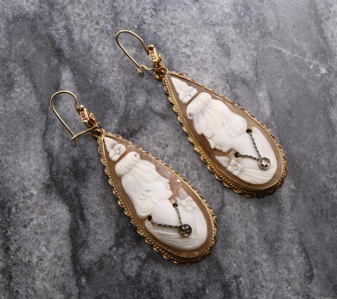 Image for 14KY Gold Shell Cameo and Diamond Earrings