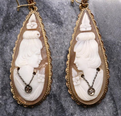 Image for 14KY Gold Shell Cameo and Diamond Earrings