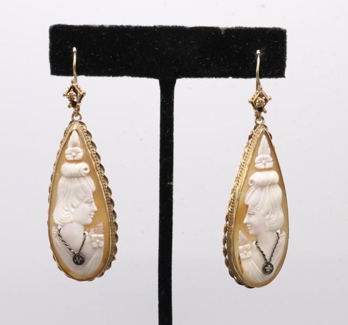 Image for 14KY Gold Shell Cameo and Diamond Earrings