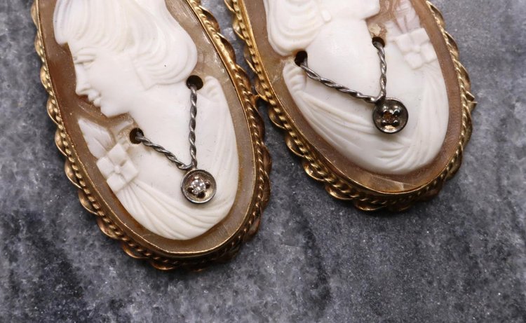 Image for 14KY Gold Shell Cameo and Diamond Earrings