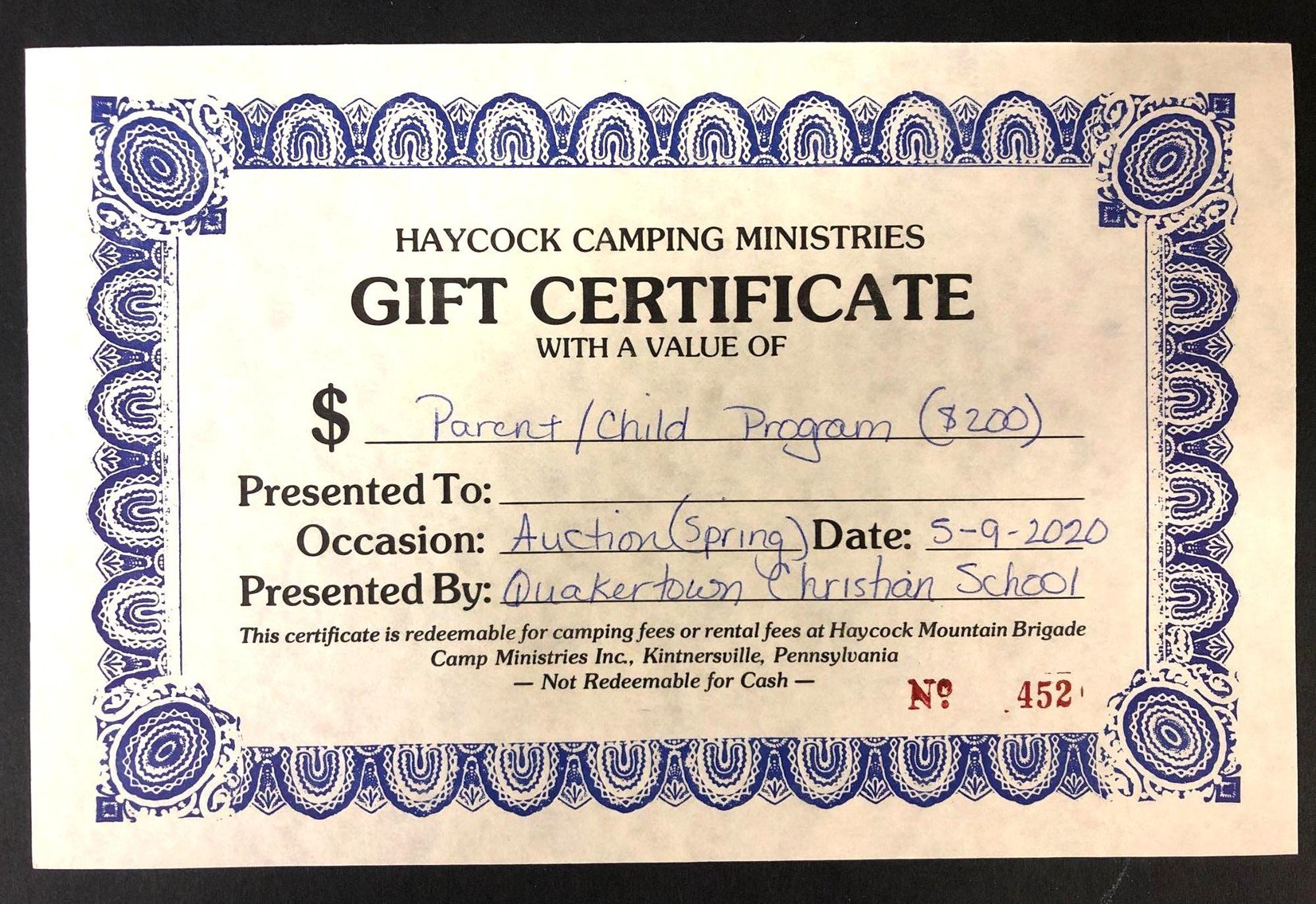 Image for Haycock Camping Ministries Parent/Child Program Gift Certificate
