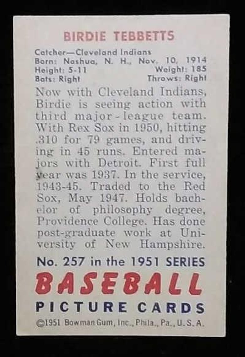 Image for 1951 Bowman Birdie Tibbets rookie baseball card