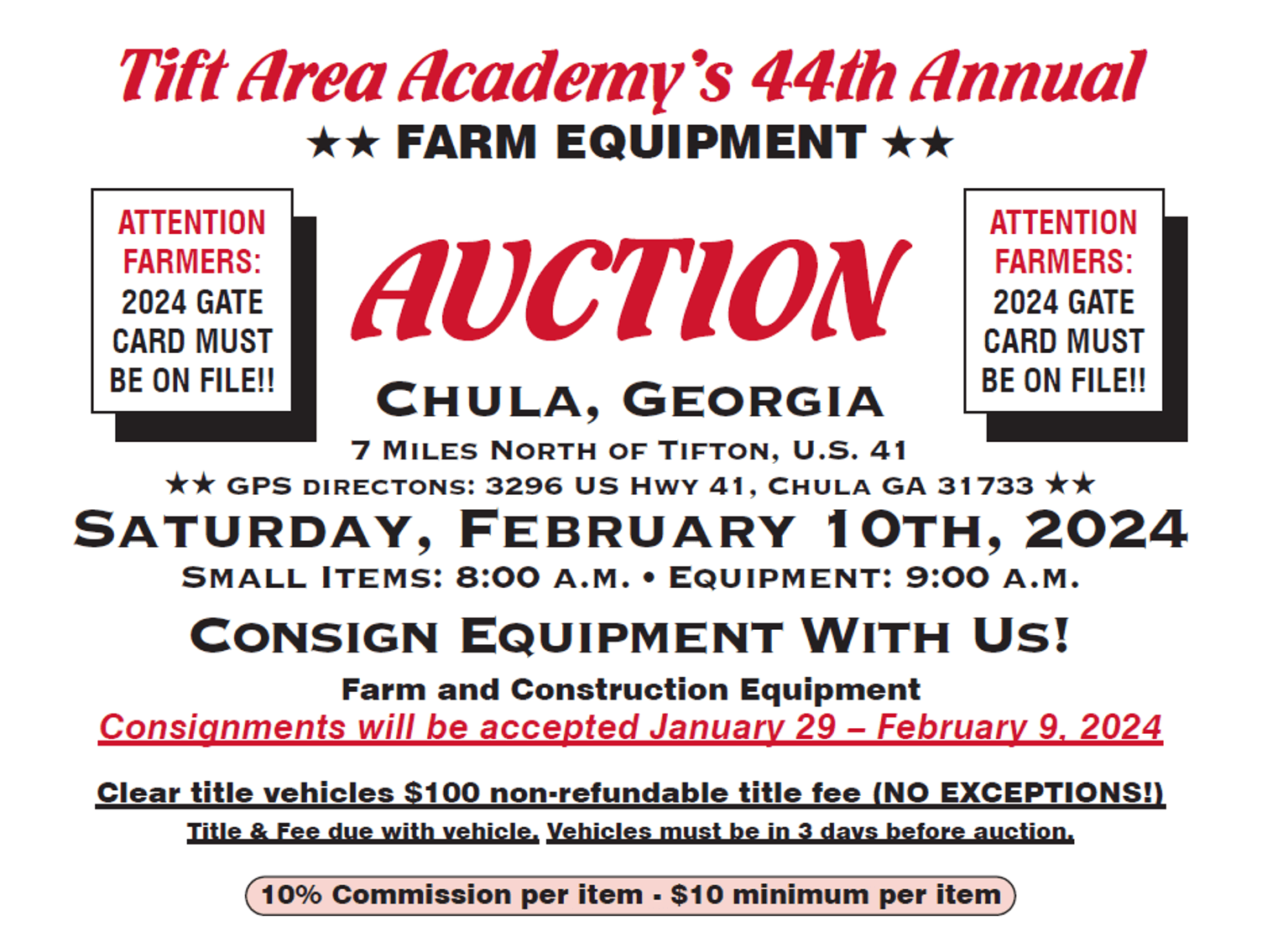 Image for Tift Area Academy's 44th Annual Farm Equipment Auction - Feb 10th