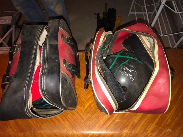 TWO BOWLING BALLS WITHH BAGS AND SHOES