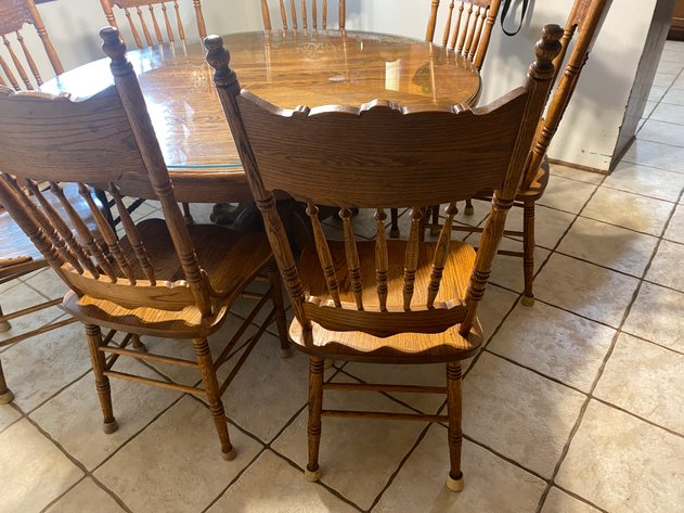 Image for Antique Oak Round Table with Glass Protective Top and 8 Chairs