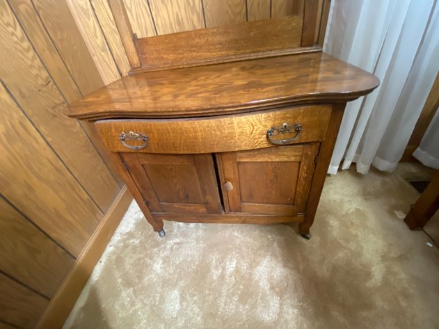 Image for Antique Oak Washstand with Beveled and Swivel Mirror, and Towel Bar.