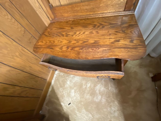 Image for Antique Oak Washstand with Beveled and Swivel Mirror, and Towel Bar.