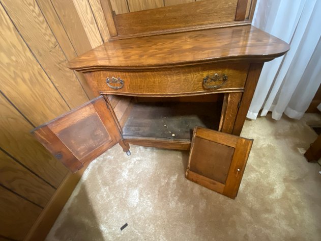 Image for Antique Oak Washstand with Beveled and Swivel Mirror, and Towel Bar.