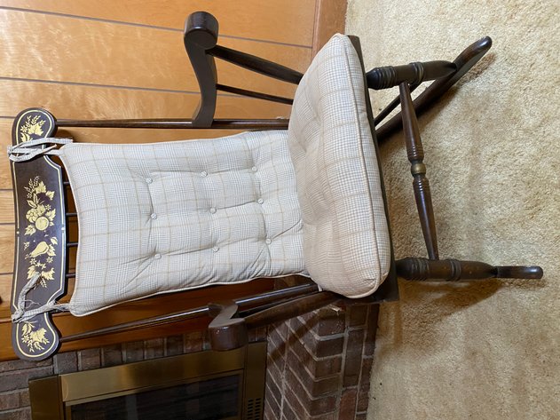 Image for Vintage Wooden Rocking Chair with Decorative Gold Stenciled Top and Tufted Cushion Set