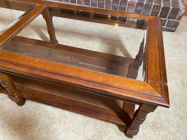 Image for Vintage Glass-Top Coffee Table with Rattan Shelf
