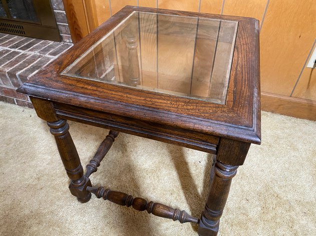 Image for Oak Jacobean-Style Glass Top End Table