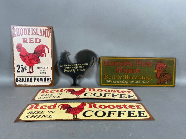 Image for (5) Tin Reproduction Metal & Wooden Rooster-Themed Signs