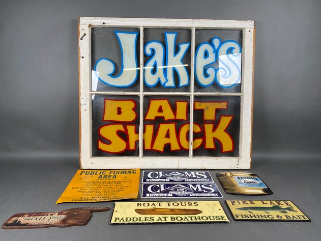Image for (8) Wooden, Porcelain Over Steel & Tin Reproduction Metal Fishing-Themed Signs