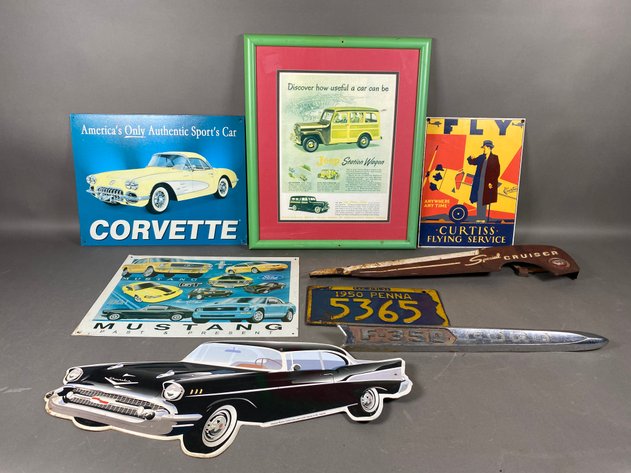 Image for (8) Collection of Vintage Cars and Airplane Signs, Parts & Auto Tag