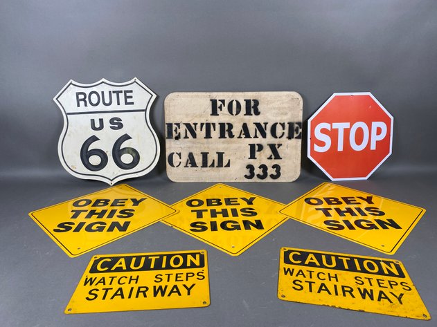 Image for (8) Tin Reproduction Metal Road and Caution Signs
