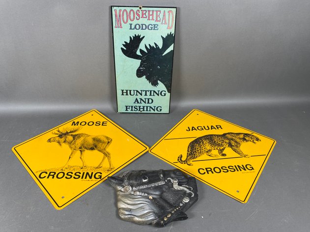 Image for (4) Metal Animal Crossing Signs, Ceramic Horse Head & Wood Moose Head Lodge