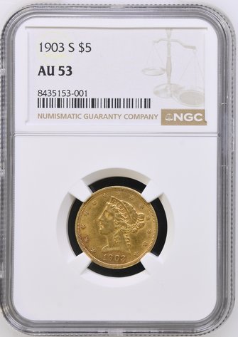 Image for 1903 S $5 Gold Liberty Head Coin NGC Grade AU 53