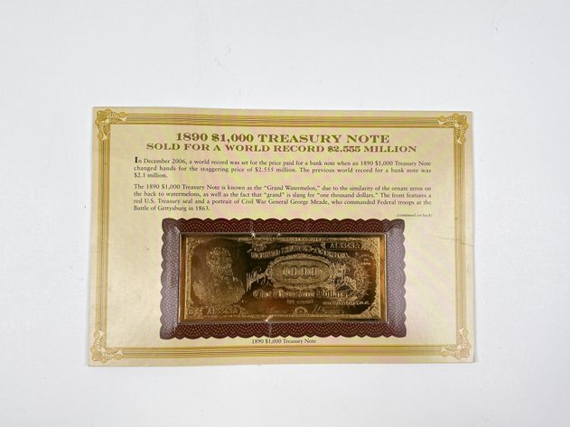 Image for Gold Plated Replica of 1890 $1,000 Treasury Note by Danbury Mint