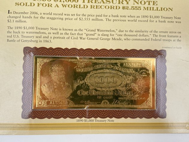 Image for Gold Plated Replica of 1890 $1,000 Treasury Note by Danbury Mint