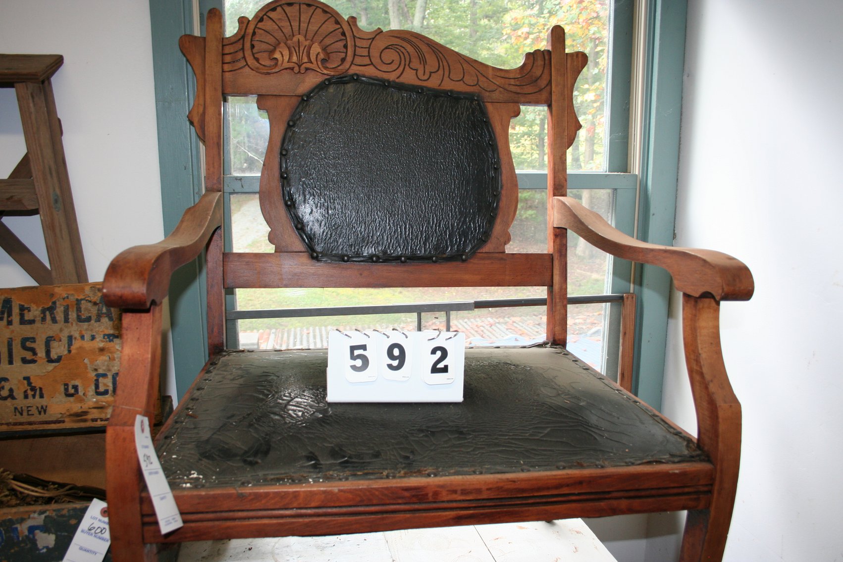 Image for Antique Chair Leather Seat / Carved