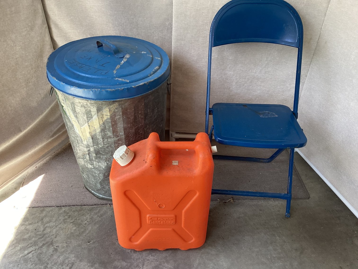 Image for Fuel Can, Trash Can, and Folding Chair
