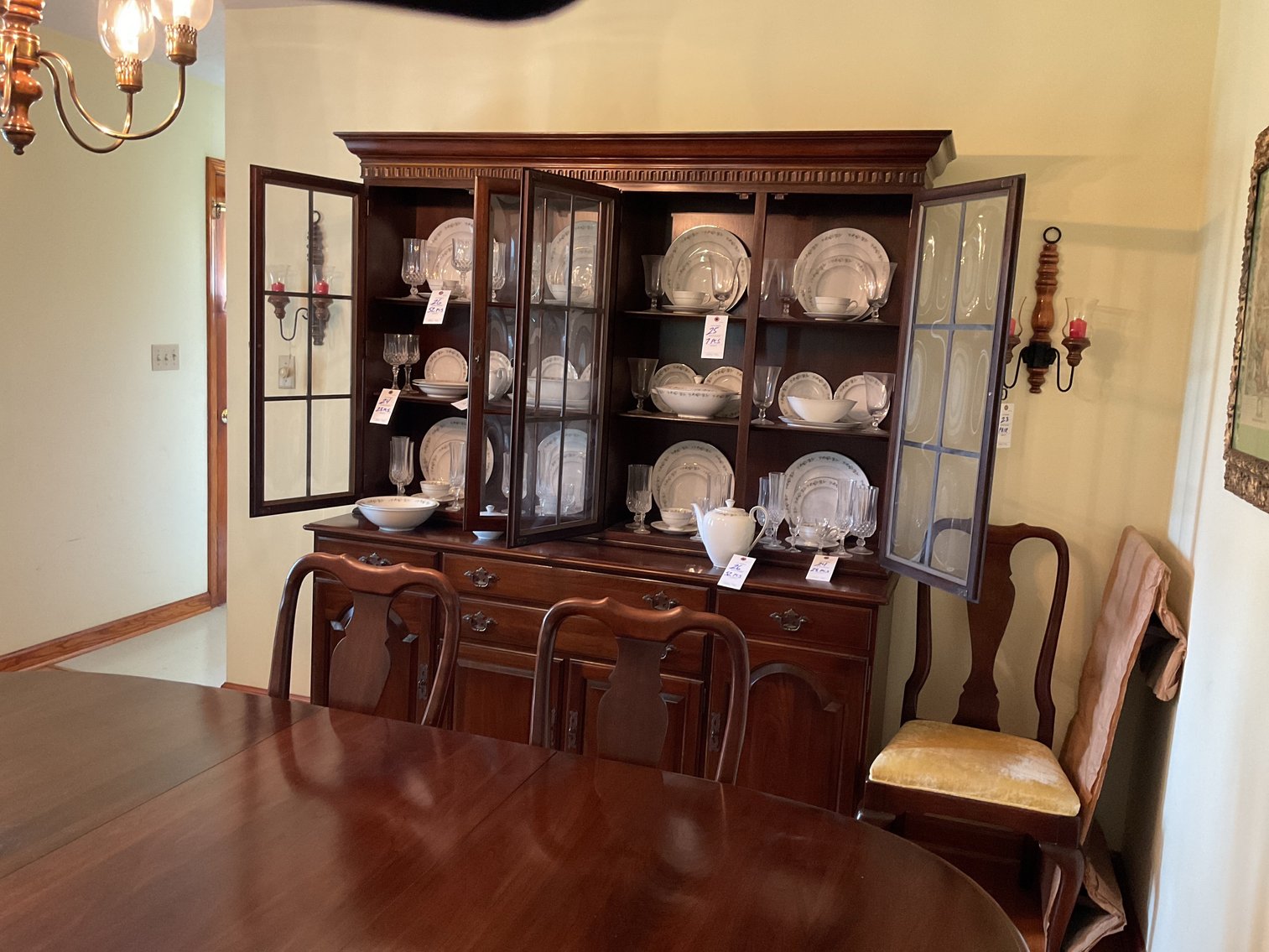 Image for 8 piece Queen Anne dining set includes table with 2 leaves and 6 chairs and a beautiful Brakefront 66Lx 77H with 8 doors and 4 drawers