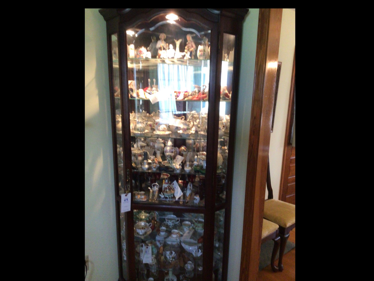 Image for Mahogany Corner Lighted  Curio Cabinet Very Ornate w/etched glass 82”x 32”