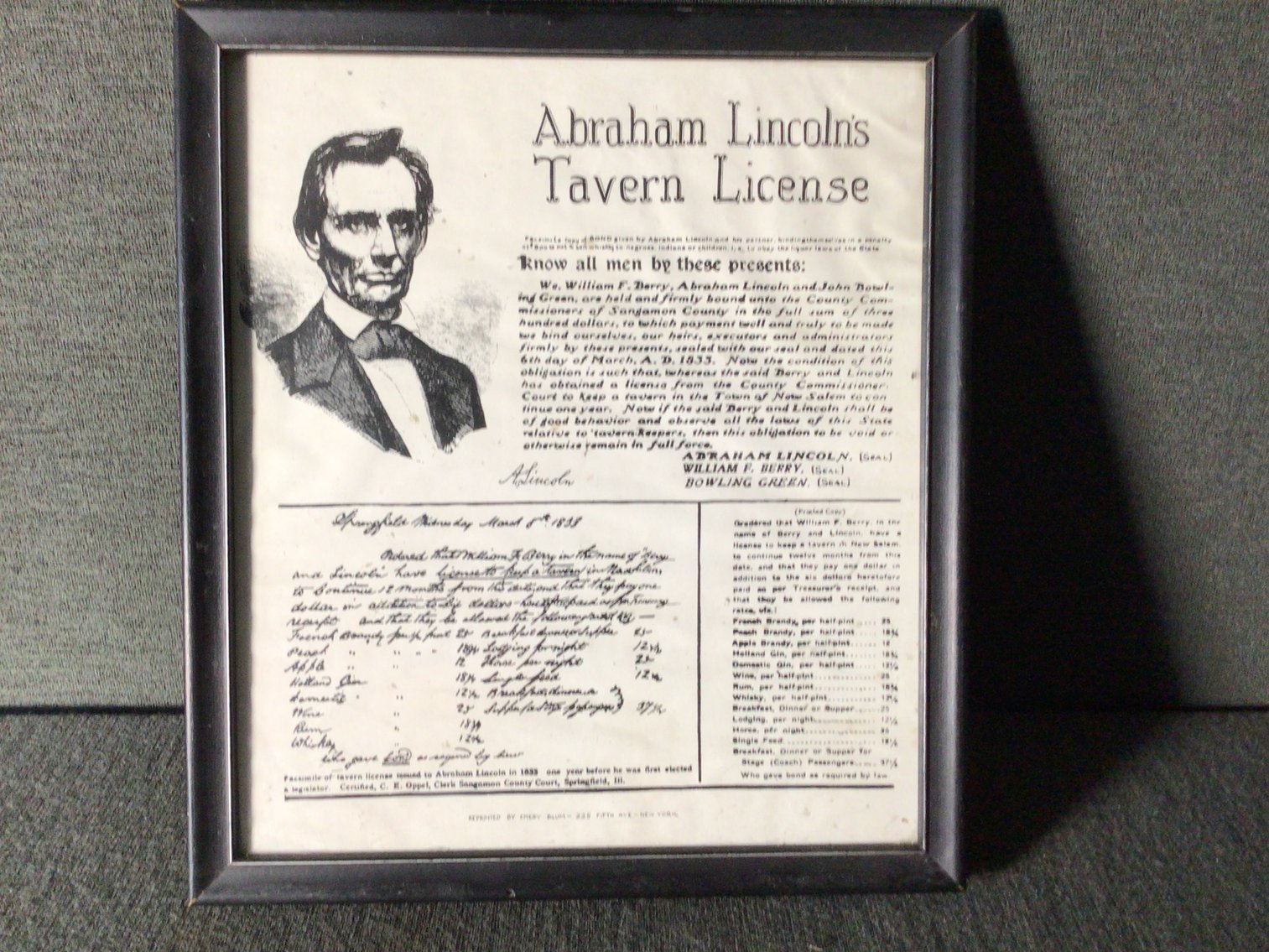 Image for Abraham Lincoln Tavern License Reprint