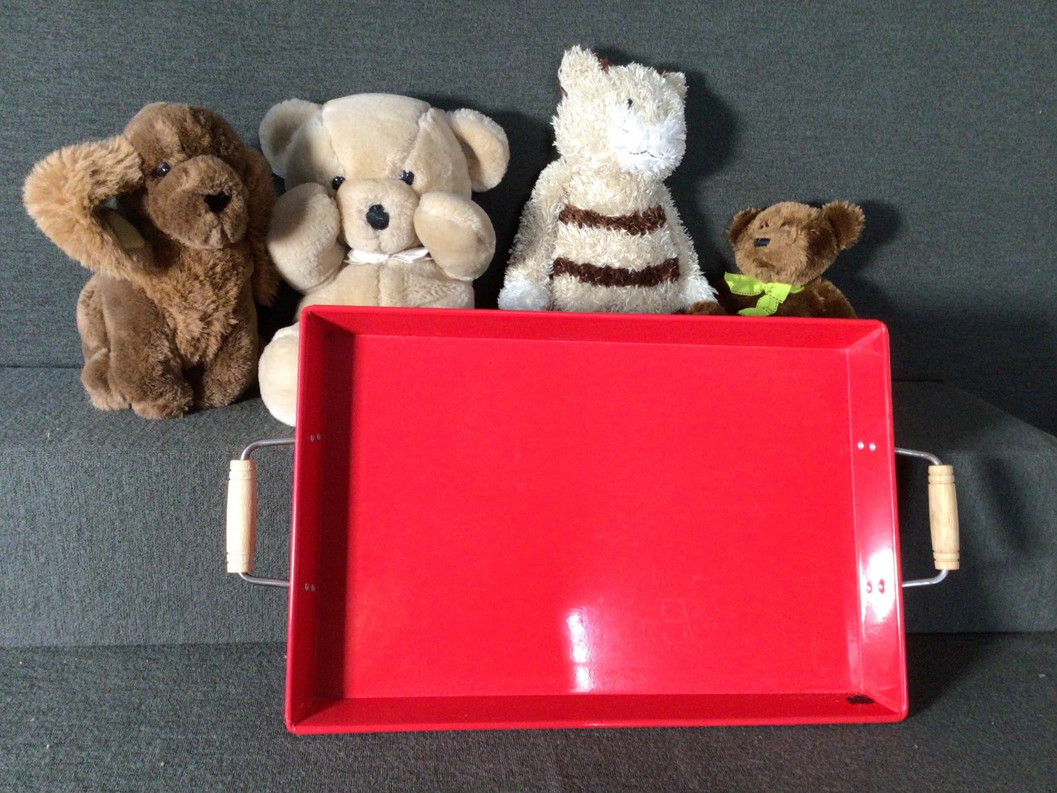 Image for Stuffed animals, red metal tray