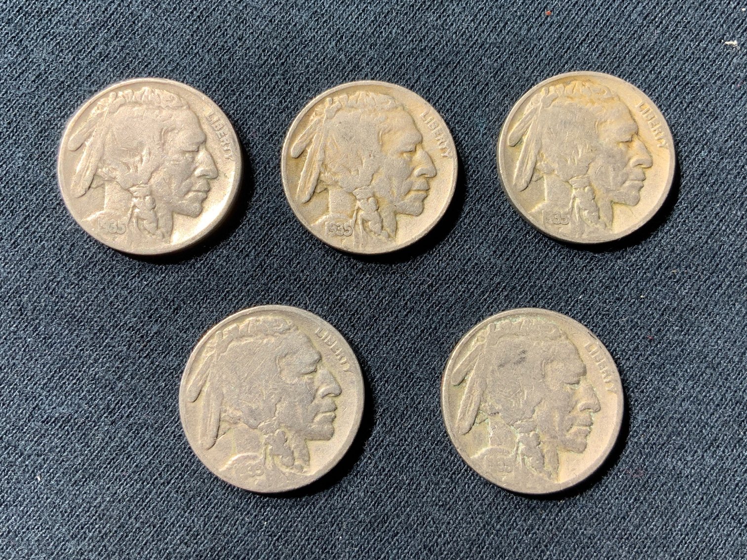 Image for 1935 USA BUFFALO NICKEL.  5 COINS