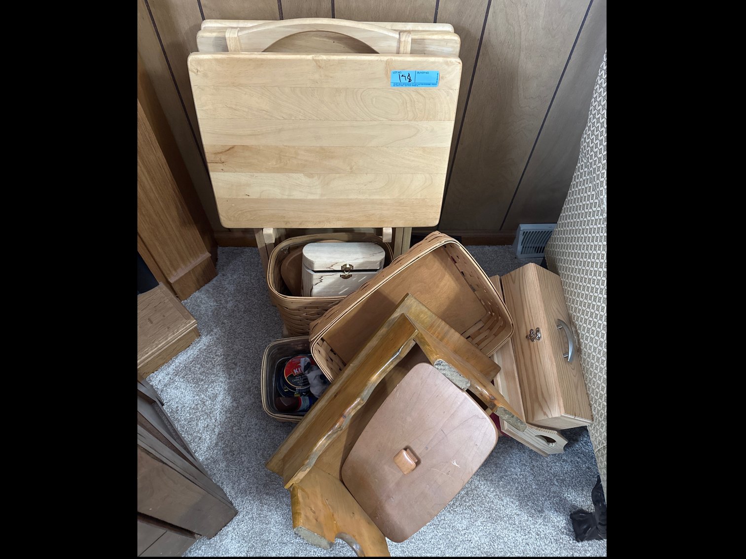 Image for 3 wood TV trays and wicker baskets