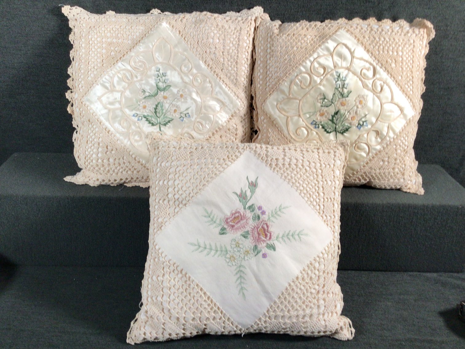 Image for 3 Embroidered / Crochet Pillows