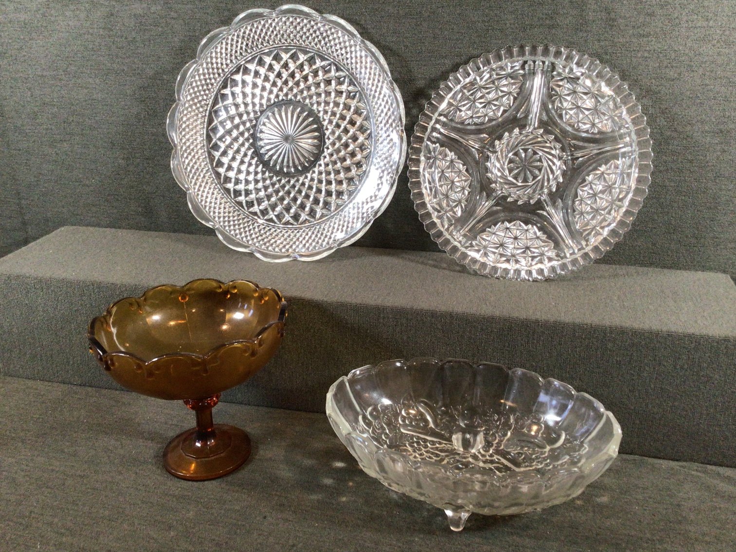 Image for 2 Round Glass Serving Platters, Oval Bowl and Amber Footed Compote