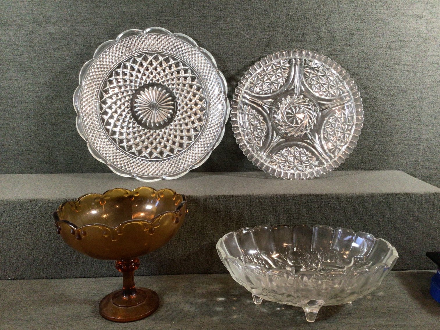 Image for 2 Round Glass Serving Platters, Oval Bowl and Amber Footed Compote