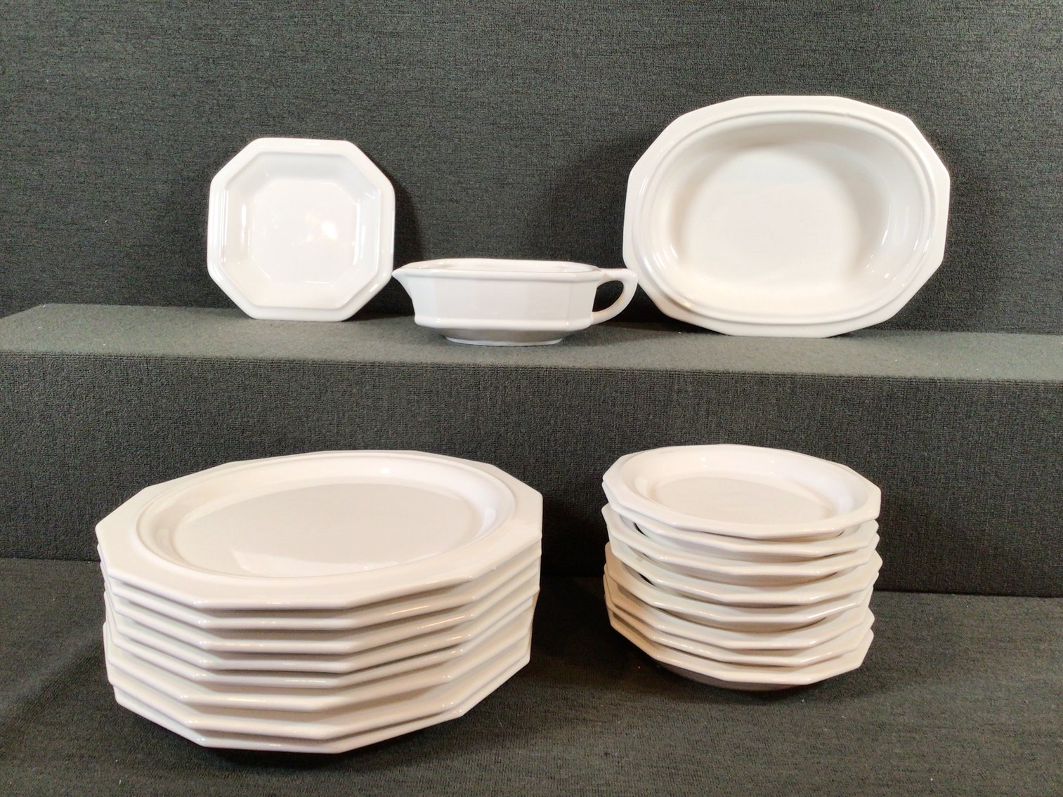Image for White Dinner Plates,  Dessert Plates, Gravy Boat and Oval Serving Bowl