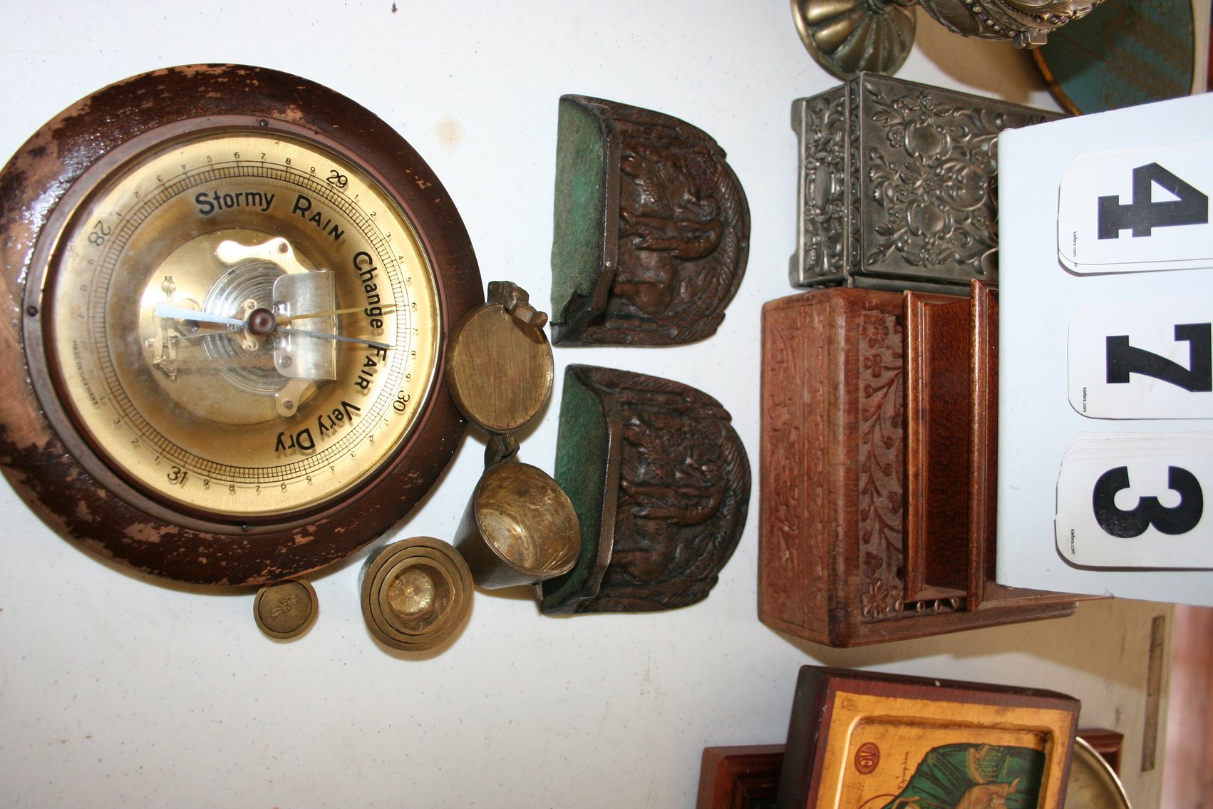 Image for Book End, Brass Scale Weights, German Hoffritz Weather Barometer