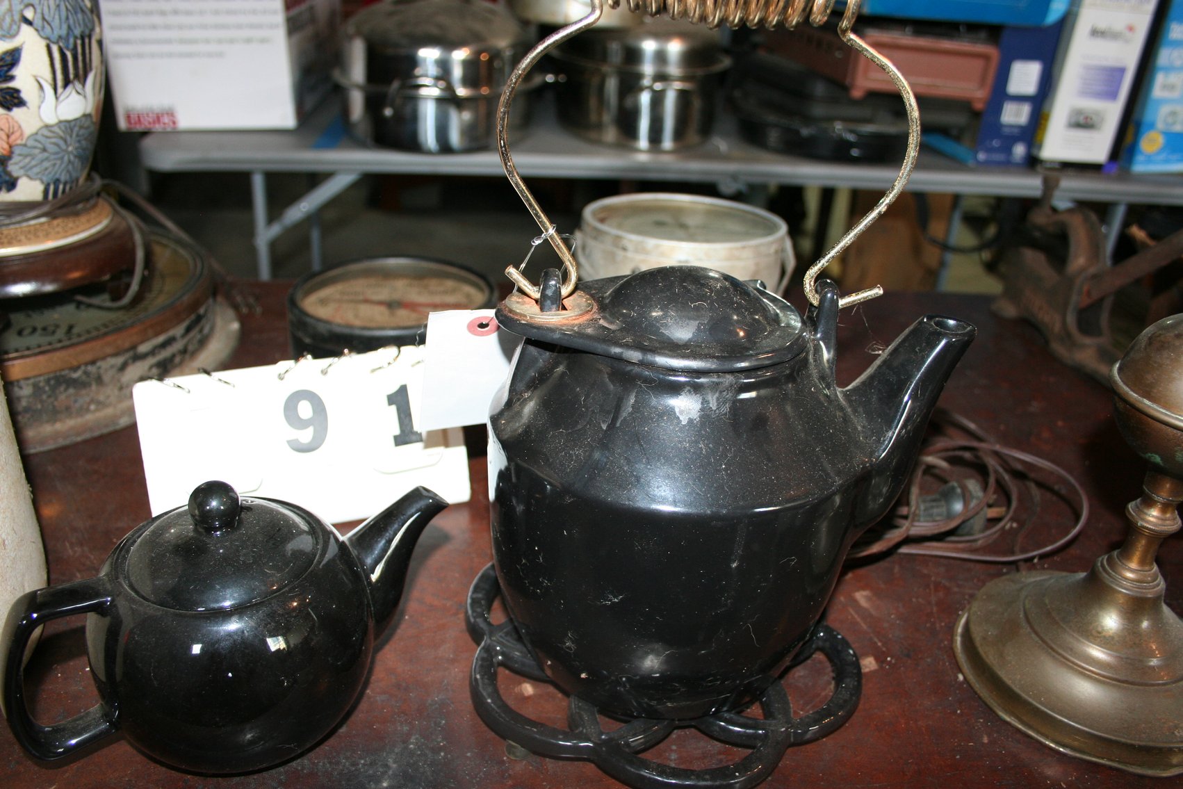 Image for Vintage Enameled over Cast Iron Tea Kettle with Sliding Lid